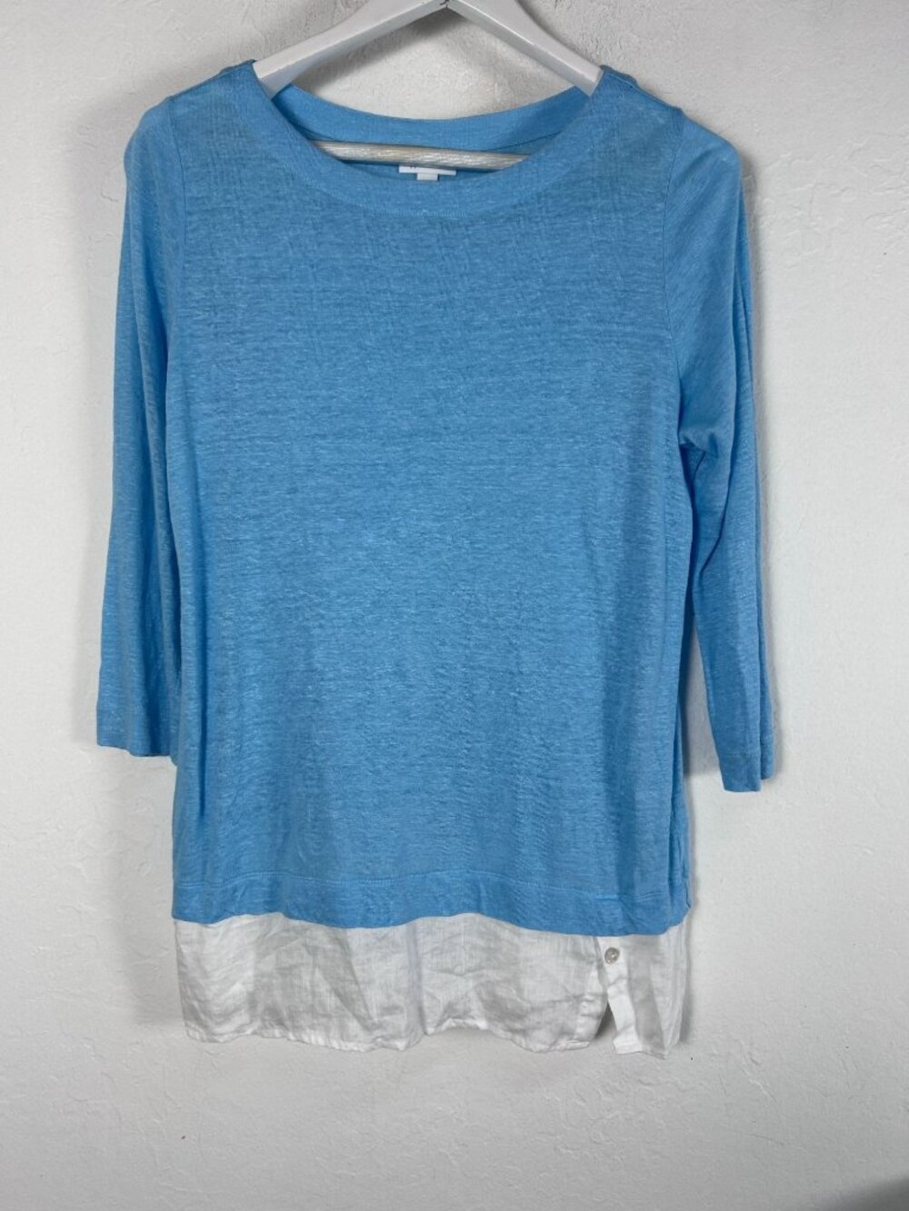 J.Jill Love Linen Womens 3/4 Sleeve Linen Blue Layered Look Tunic Top Small NWOT